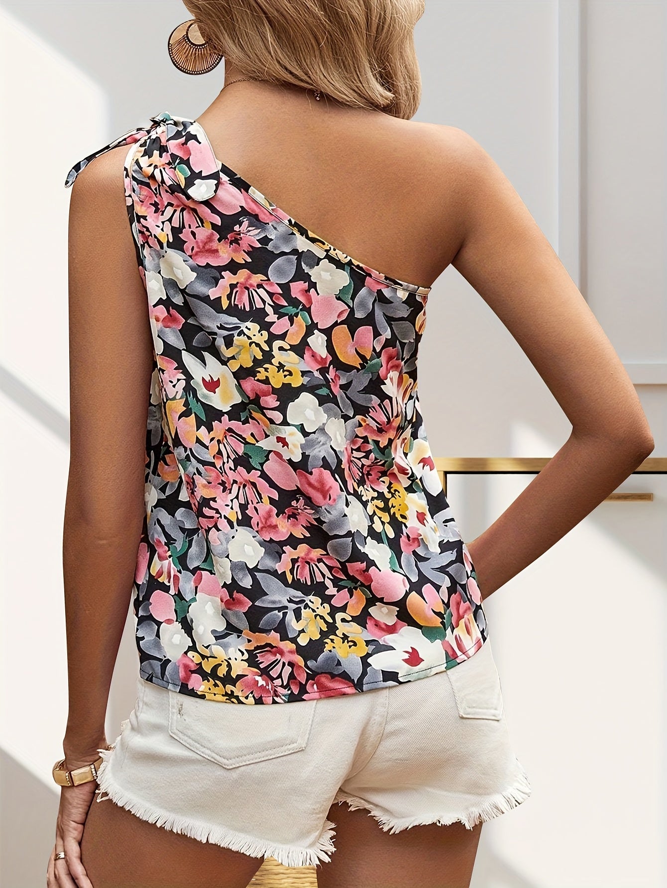Sixsr  Floral Print One Shoulder Tank Top, Casual Summer Sleeveless Top, Women's Clothing