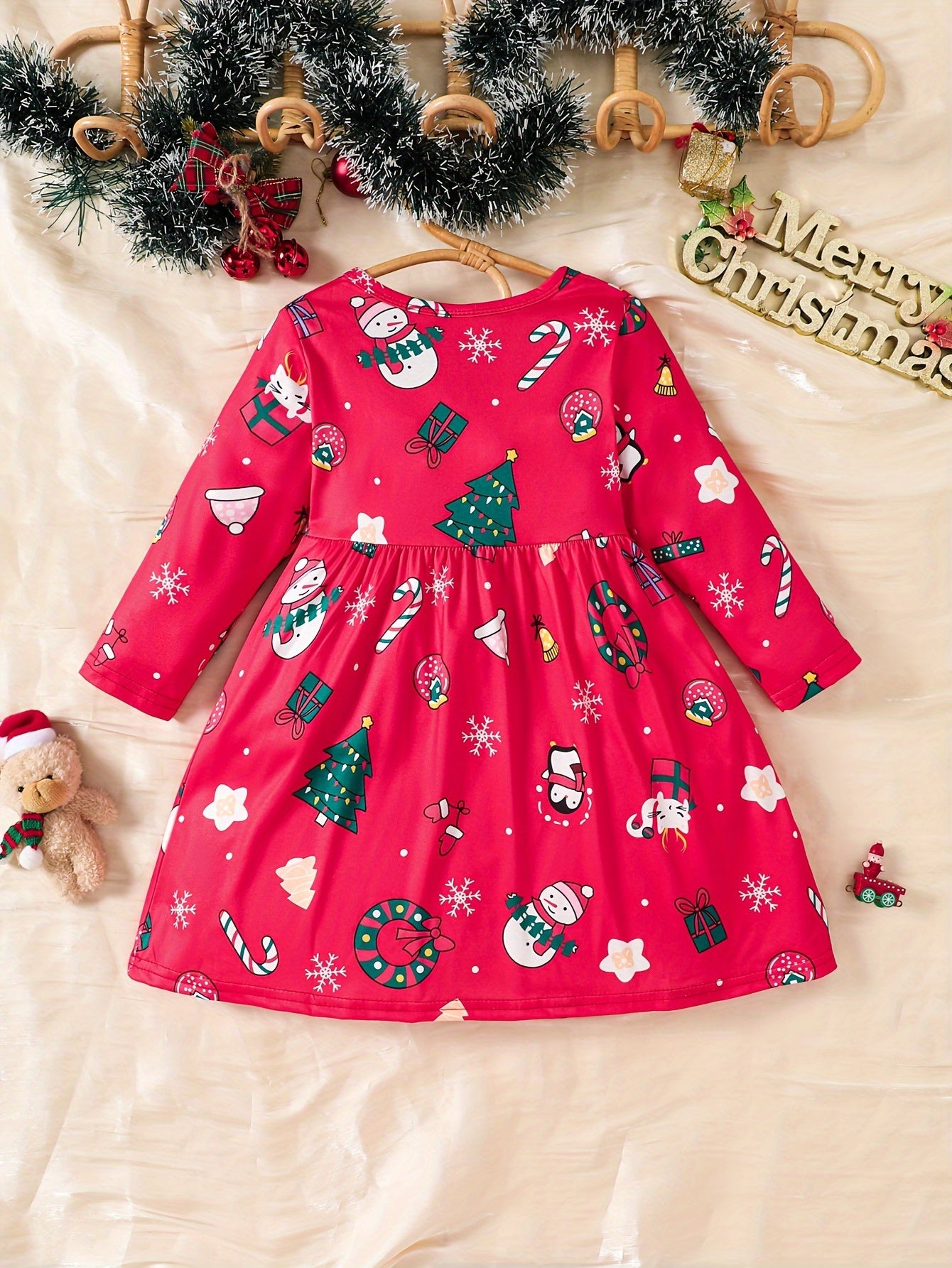 Girls Cute & Sweet Long Sleeve Allover Cartoon Christmas Elements Pattern Dress For Spring & Fall, As Christmas Gifts