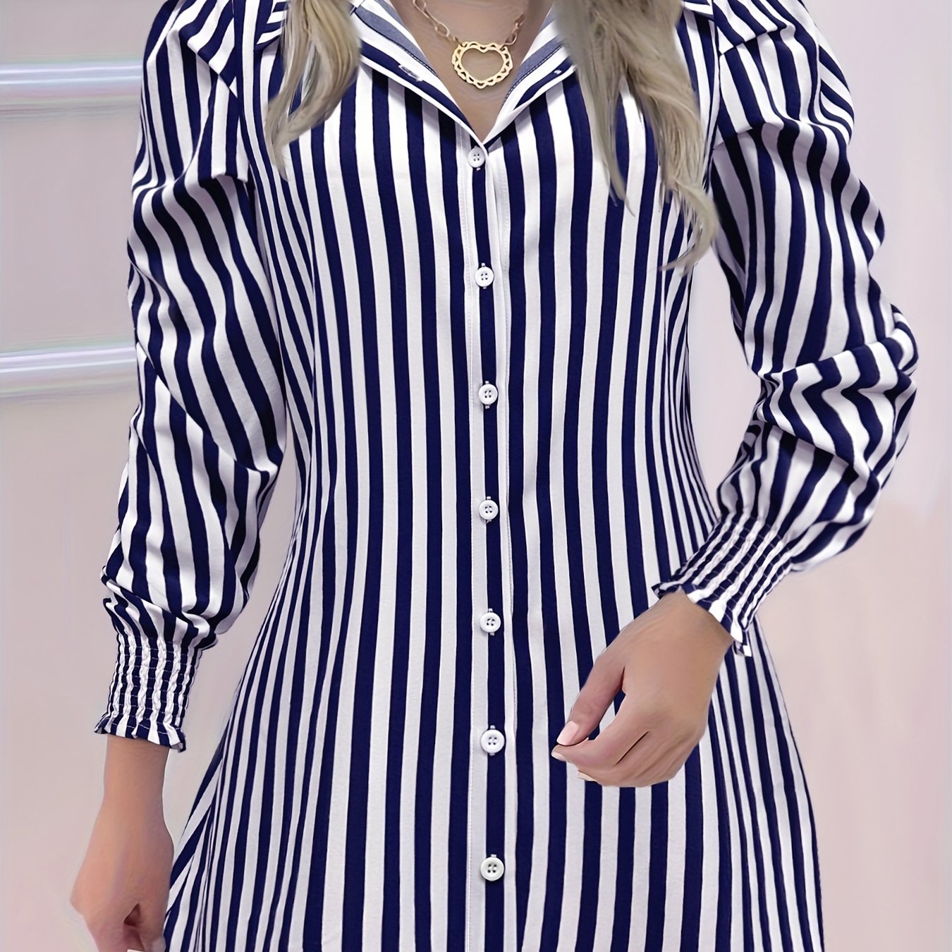 Sixsr Striped Button Front Dress, Elegant Ruched Long Sleeve Lapel Collar Shirt, Women's Clothing