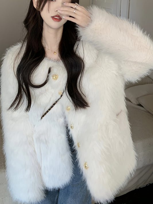 Sixsr Fluffy Solid Warm Coat, Casual Button Front Long Sleeve Outerwear, Women's Clothing