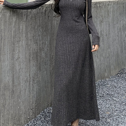 Sixsr Button Front Lapel Neck Ribbed Dress, Chic Solid Color Long Sleeve Dress For Fall & Winter, Women's Clothing