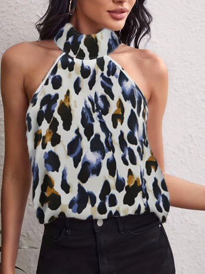 Leopard Print High Neck Blouse, Sexy Sleeveless Ruched Blouse, Women's Clothing