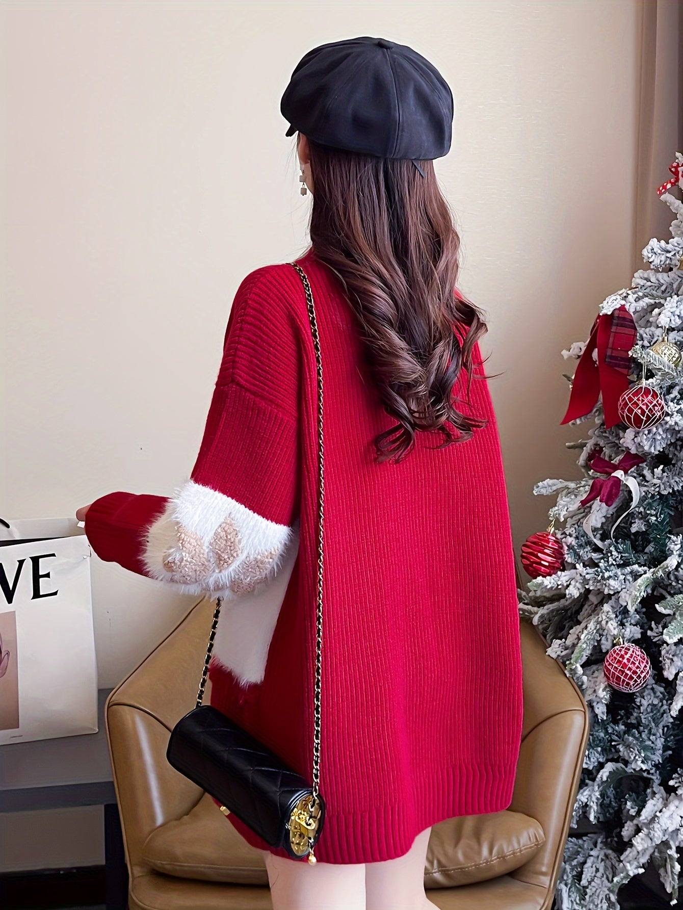 For Fall & Winter, Casual Long Sleeve Christmas Tree Decor Crew Neck Sweater, Women's Clothing