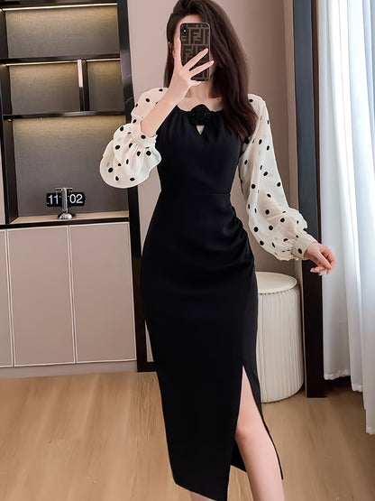 Sixsr  Colorblock Contrast Dot Pattern Split Dress, Casual Long Sleeve Bodycon Dress, Women's Clothing