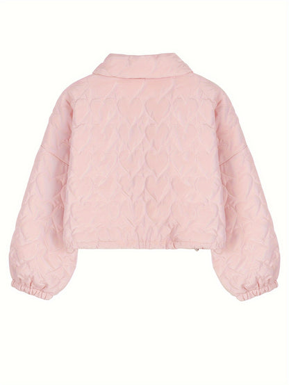 Sixsr Heart Pattern Zip Up Jacket, Casual Collared Long Sleeve Warm Outerwear For Fall & Winter, Women's Clothing