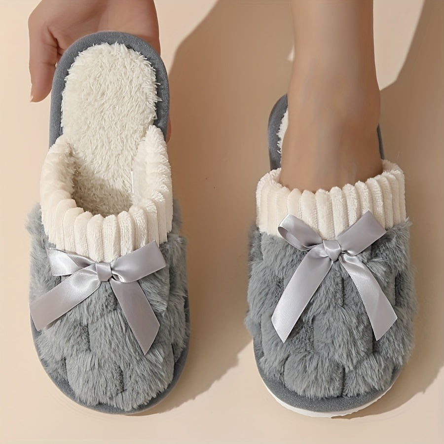 Cozy Warm Slippers - Soft, Slip-Resistant, Fluffy, Flat, Bowknot Decorated, Plush, Winter Shoes for Cold Weather - Indoor, Outdoor, Non-Slip, Comfortable, Easy Slip-On Design