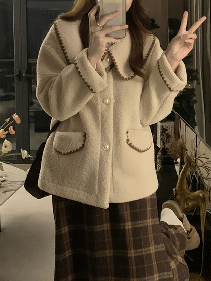 Sixsr Contrast Trim Button Front Plush Coat, Casual Long Sleeve Dual Pockets Lapel Coat For Fall & Winter, Women's Clothing