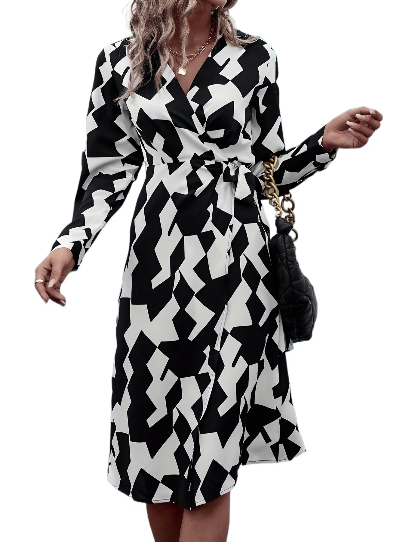 Sixsr Geo Print Wrap V Neck Dress, Elegant Long Sleeve Dress For Spring & Fall, Women's Clothing