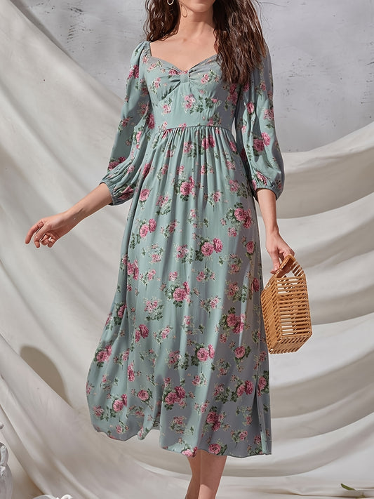Sixsr Floral Print Squared Neck 3/4 Sleeve Dress, Elegant High Waist Ruffled Hem Maxi Dress, Women's Clothing