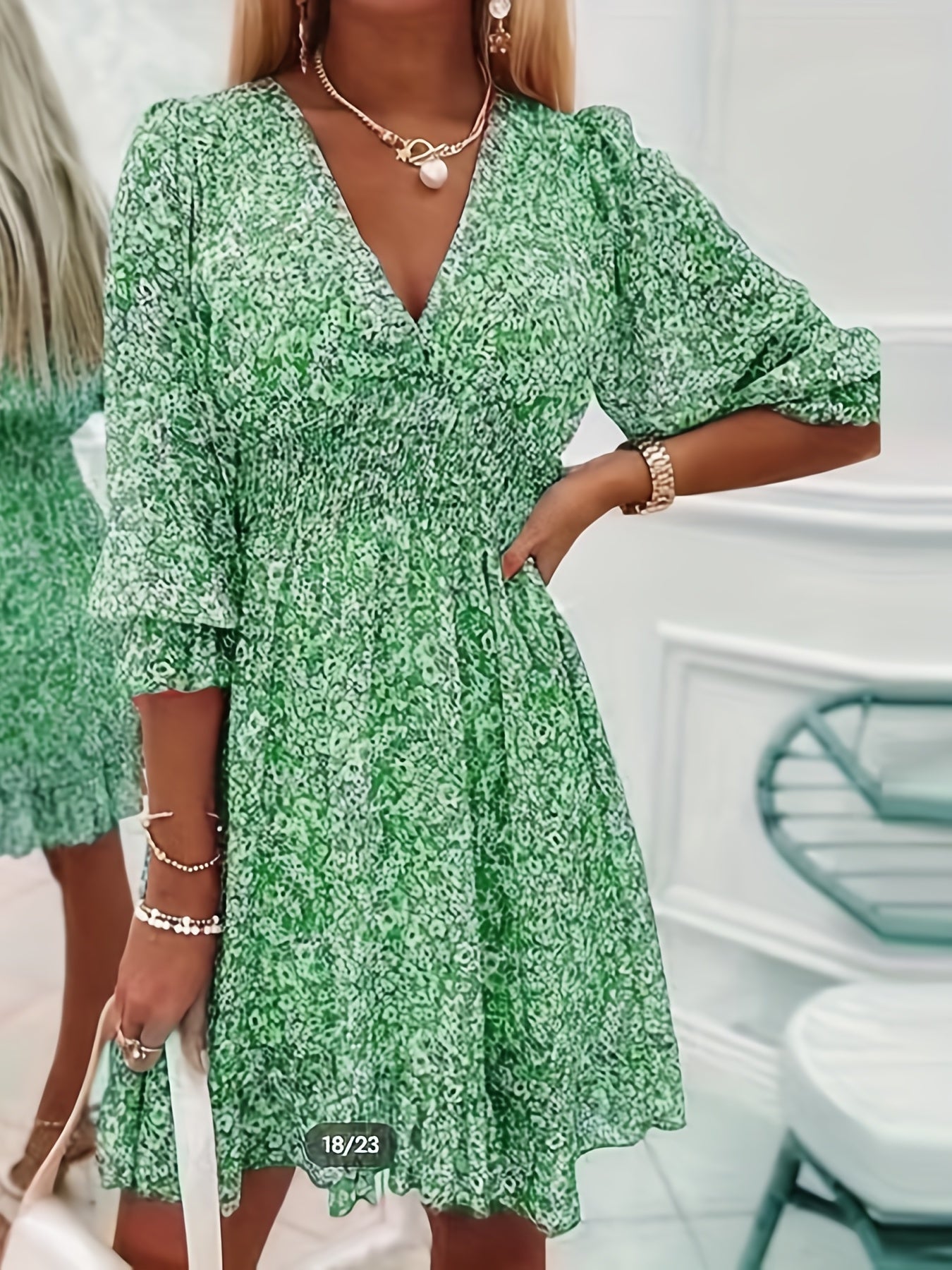 Floral Print Shirred Waist Dress, Casual V Neck Dress For Spring & Summer, Women's Clothing