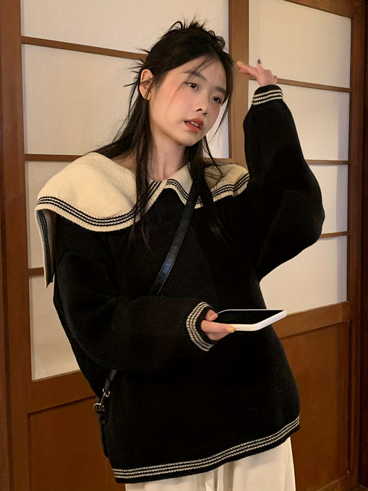 Sixsr Color Block Knit Sweater, Casual Crew Neck Long Sleeve Sweater, Women's Clothing