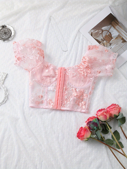 Sixsr Hot Floral Embroidery Bustier, Puff Sleeve Fishbone Bustier, Women's Sexy Lingerie & Underwear