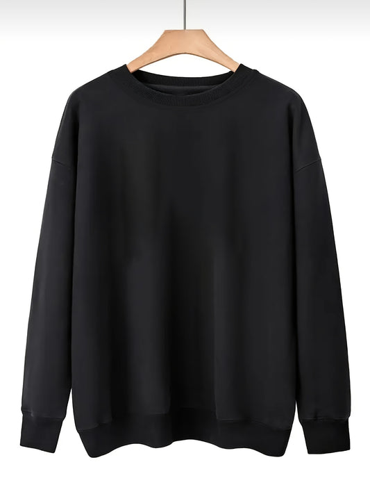 Sixsr Plus Size Casual Sweatshirt, Women's Plus Solid Long Sleeve Drop Shoulder Round Neck Slight Stretch Pullover Sweatshirt