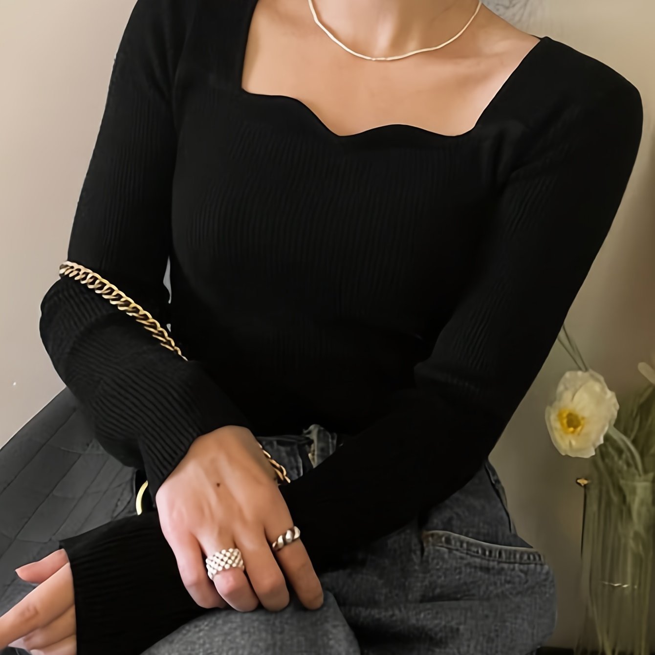 Sixsr Solid Color Long Sleeve Top, Versatile Casual Knit Top For Fall & Winter, Women's Clothing