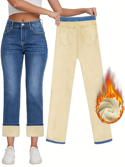 Sixsr High Waist Warm Winter Straight Jeans, High-stretch Fleece Liner Comfortable Denim Pants, Women's Denim Jeans & Clothing