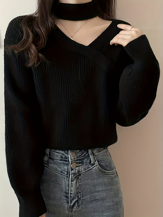 Sixsr Solid Mock Neck Pullover Sweater, Elegant Cut Out Lantern Sleeve Stylish Sweater, Women's Clothing