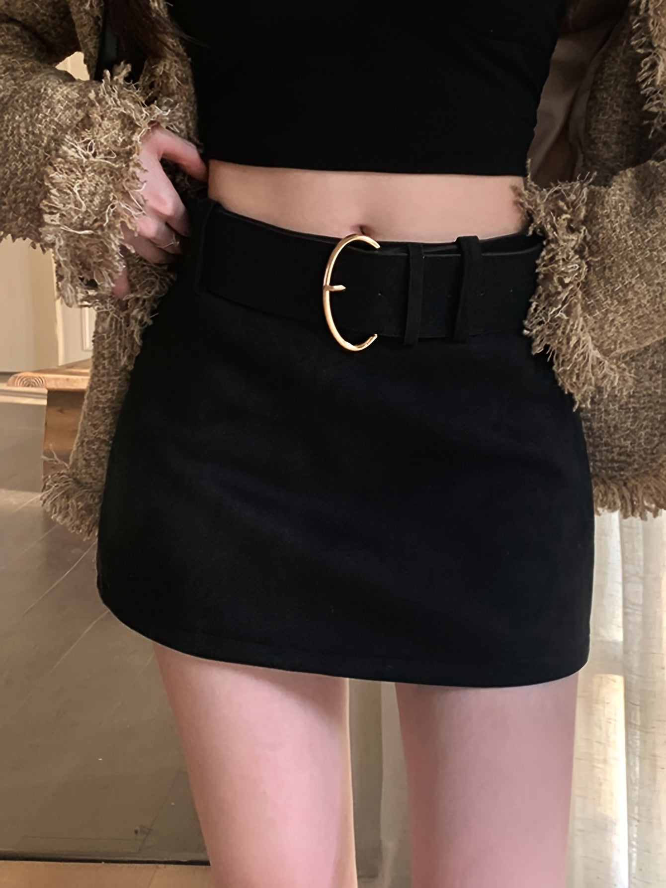 Sixsr Solid Simple Belted Skirt, Elegant Skirt For Spring & Fall, Women's Clothing