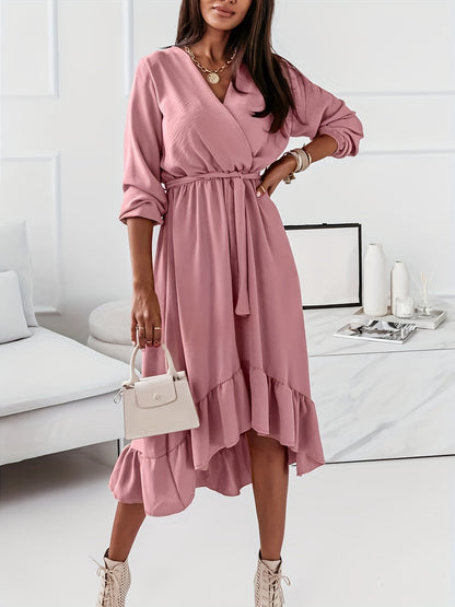 Sixsr Ruffle Hem Surplice Neck Dress, Elegant Solid Long Sleeve Midi Dress, Women's Clothing