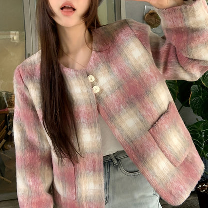 Sixsr Plaid Pattern Single Breasted Pockets Jacket, Elegant Long Sleeve Outwear For Fall & Winter, Women's Clothing