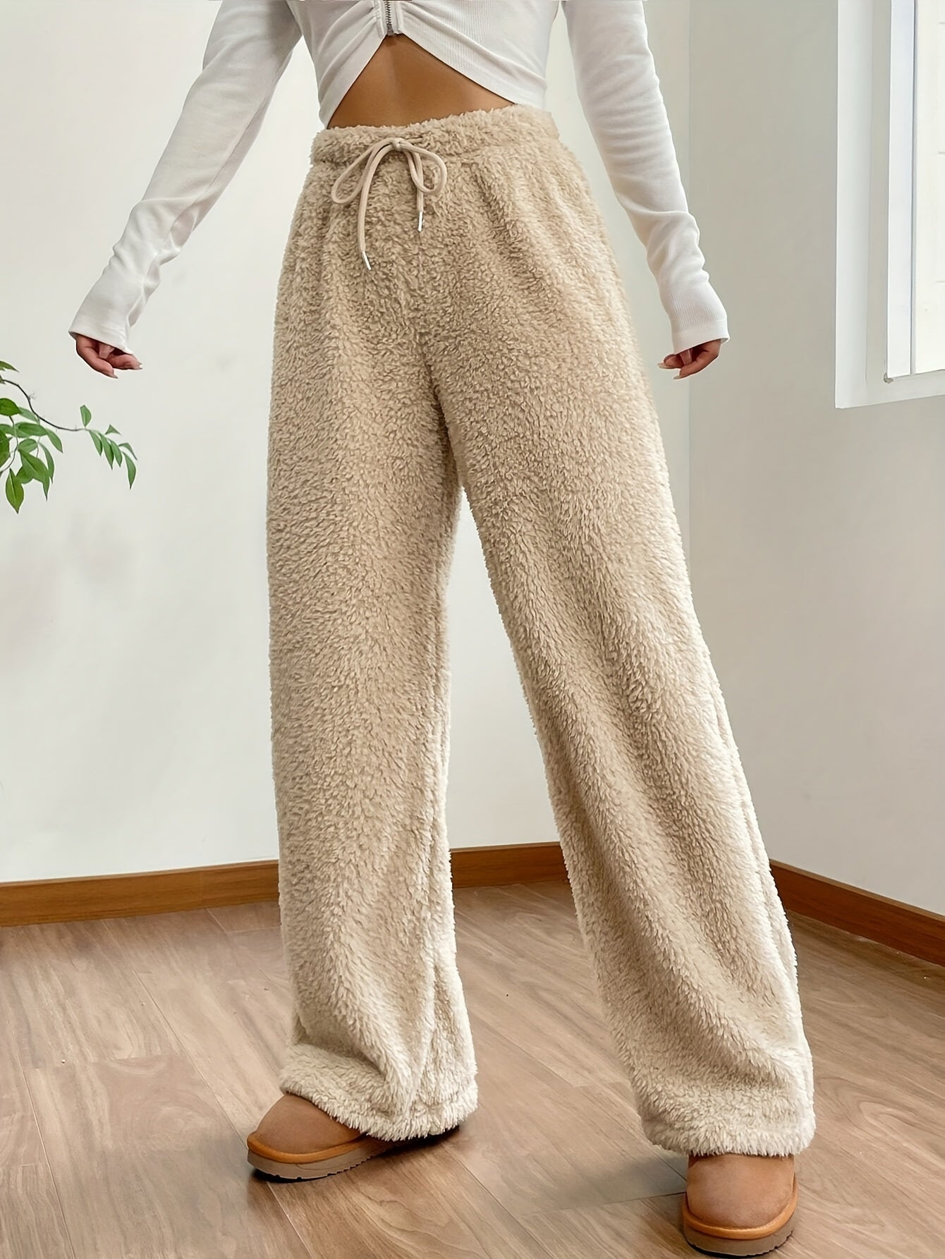 Sixsr Solid Color Teddy Bear Pants, Casual Drawstring Wide Leg Loose Pants, Women's Clothing