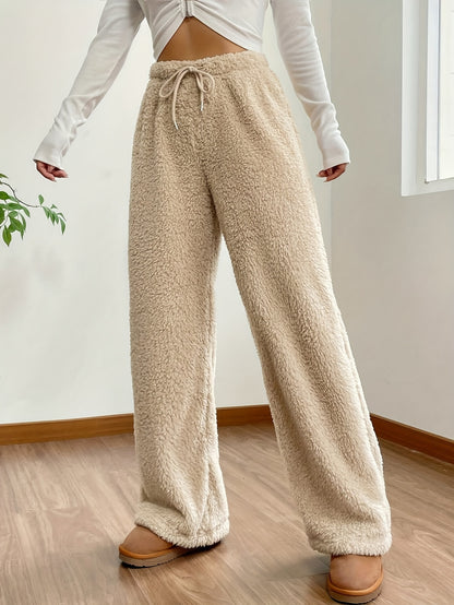 Sixsr Solid Color Teddy Bear Pants, Casual Drawstring Wide Leg Loose Pants, Women's Clothing