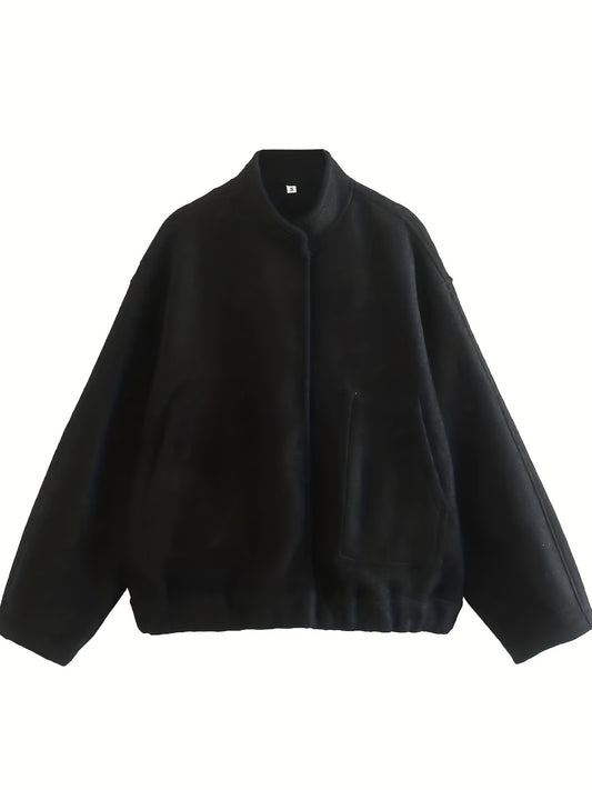 Sixsr Button Front Slant Pockets Jacket, Versatile Long Sleeve Jacket For Fall & Winter, Women's Clothing