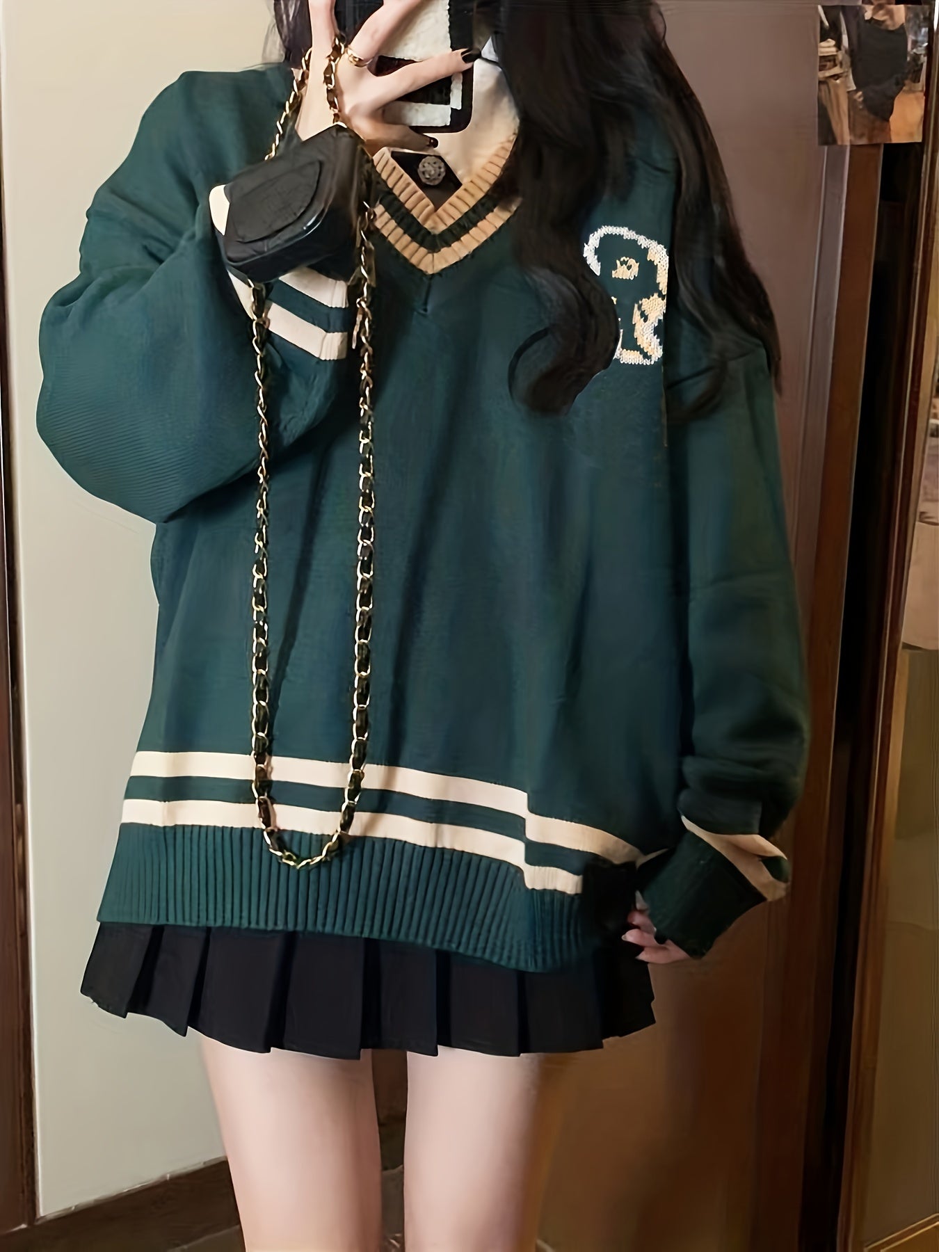 Sixsr Letter R Pattern V Neck Pullover Sweater, Preppy Long Sleeve Loose Sweater, Women's Clothing