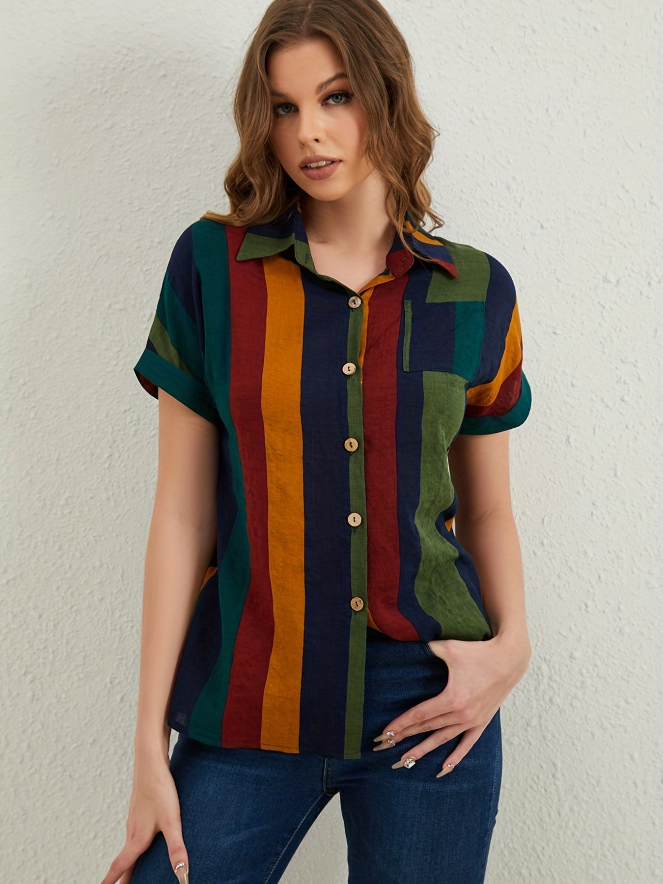 Sixsr Striped Button Front Blouse, Casual Short Sleeve Blouse For Spring & Summer, Women's Clothing