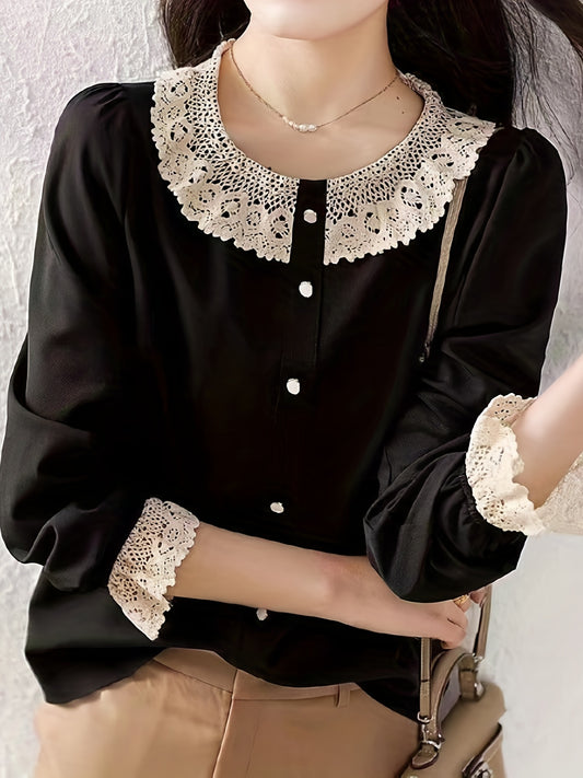 Sixsr Lace Trim Crew Neck Button Front Blouse, Vintage Long Sleeve Blouse For Spring & Fall, Women's Clothing