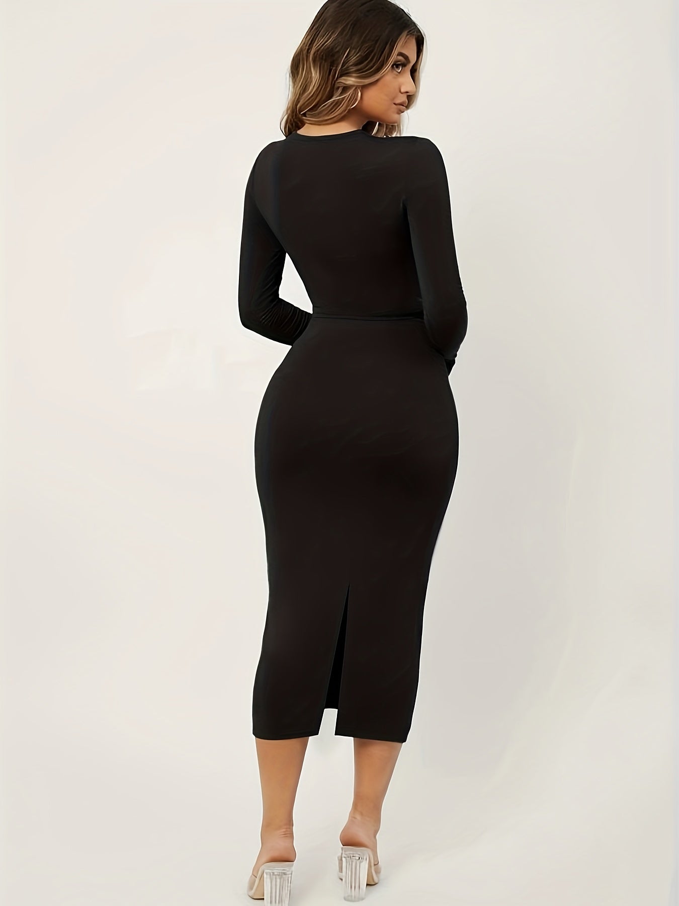 Sixsr Solid Casual Two-piece Set, Crew Neck Long Sleeve Tops & High Waist Midi Skirts Outfits, Women's Clothing