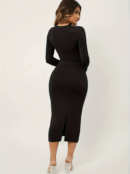 Sixsr Solid Casual Two-piece Set, Crew Neck Long Sleeve Tops & High Waist Midi Skirts Outfits, Women's Clothing
