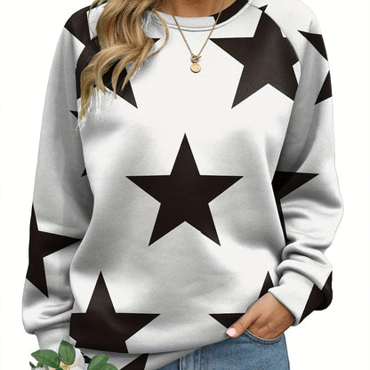 Sixsr Plus Size Casual Sweatshirt, Women's Plus Star Print Raglan Sleeve Crew Neck Slight Stretch Pullover Sweatshirt, Casual Tops For Fall & Winter, Plus Size Women's Clothing