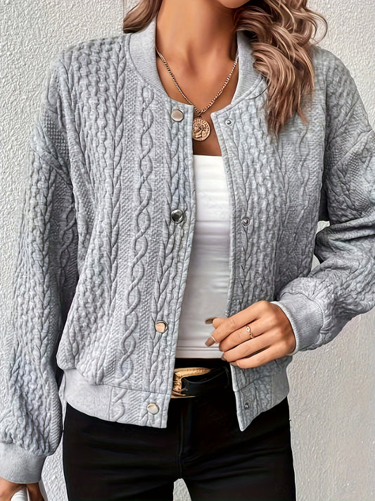 Sixsr Plus Size Casual Coat, Women's Plus Solid Cable Button Down Long Sleeve Bomber Jacket