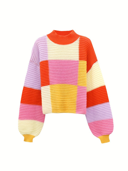 Sixsr Color Block Mock Neck Pullover Sweater, Y2K Long Sleeve Sweater For Fall & Winter, Women's Clothing