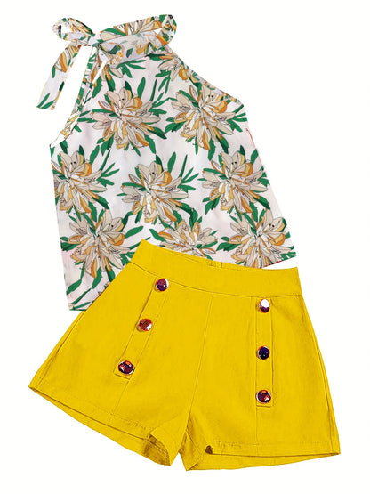 Vacation Beach Two-piece Set, Floral Print Ruched Sleeveless Top & Buttons Solid Shorts Outfits, Women's Clothing