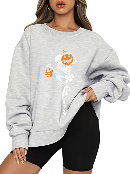 Sixsr Halloween Skull Print Pullover Sweatshirt, Casual Long Sleeve Crew Neck Sweatshirt For Spring & Fall, Women's Clothing