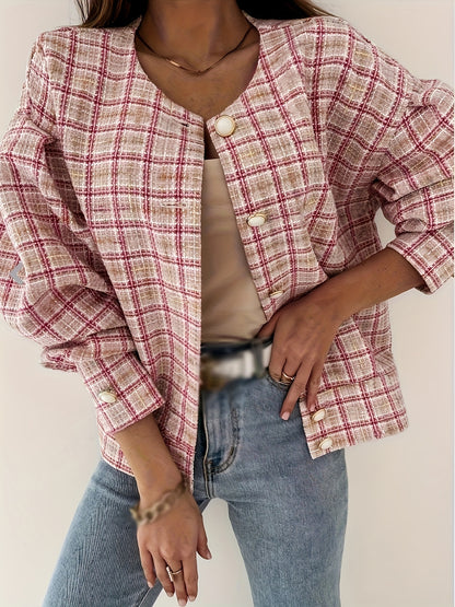 Sixsr Plaid Print Simple Jacket, Casual Button Front Long Sleeve Outerwear, Women's Clothing