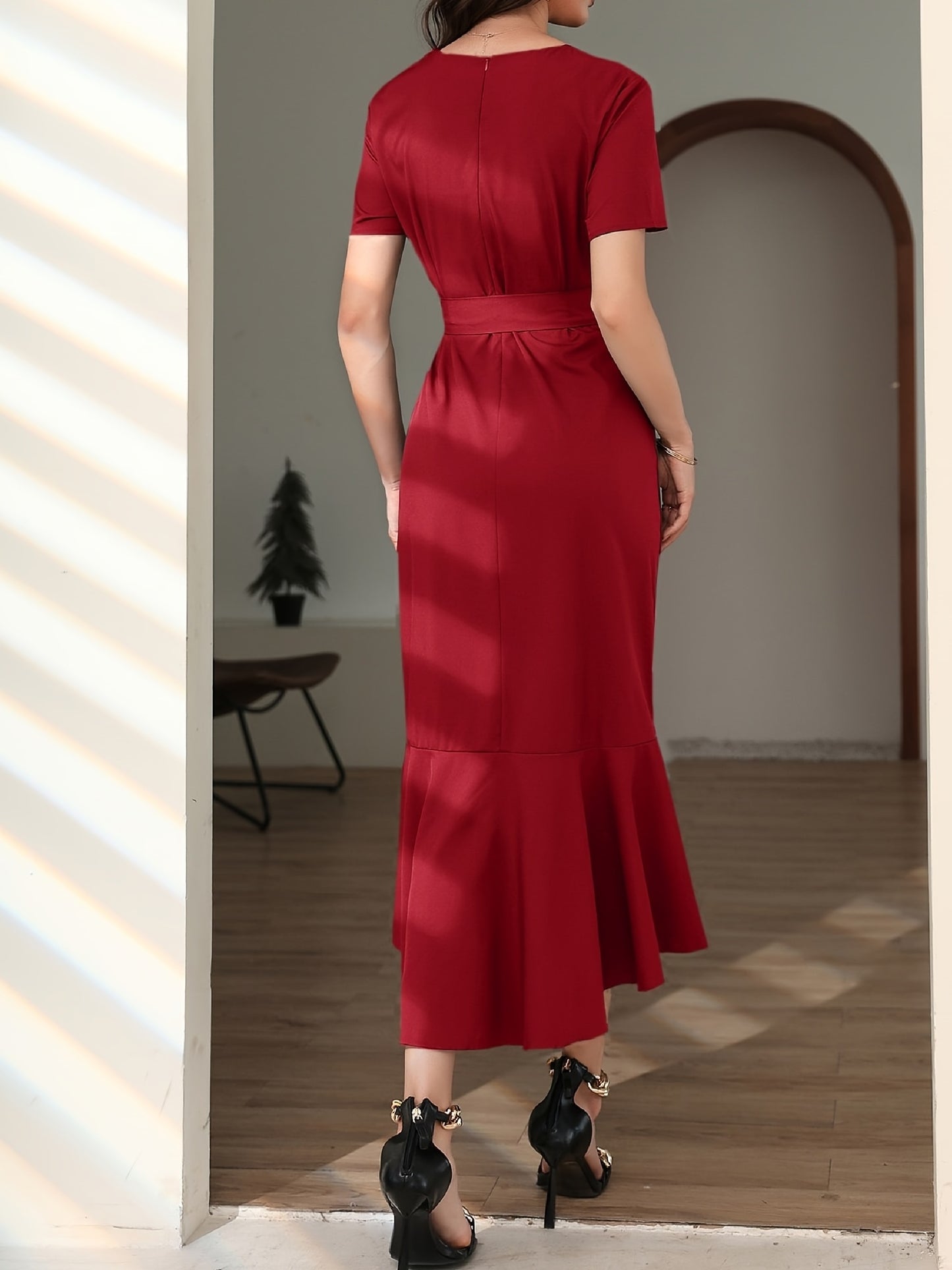 Sixsr Solid Ruffle Trim Dress, Elegant Surplice Neck Short Sleeve Maxi Dress, Women's Clothing