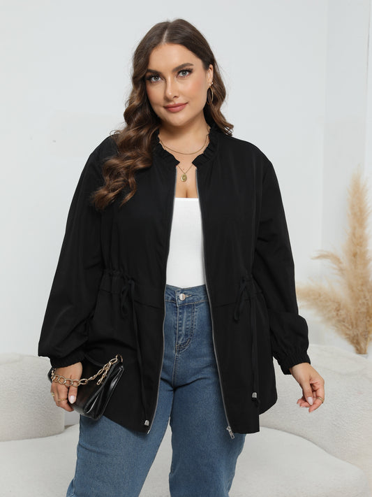 Sixsr Plus Size Casual Jacket, Women's Plus Solid Drawstring Long Sleeve Ruffle Trim Round Neck Zip Up Jacket