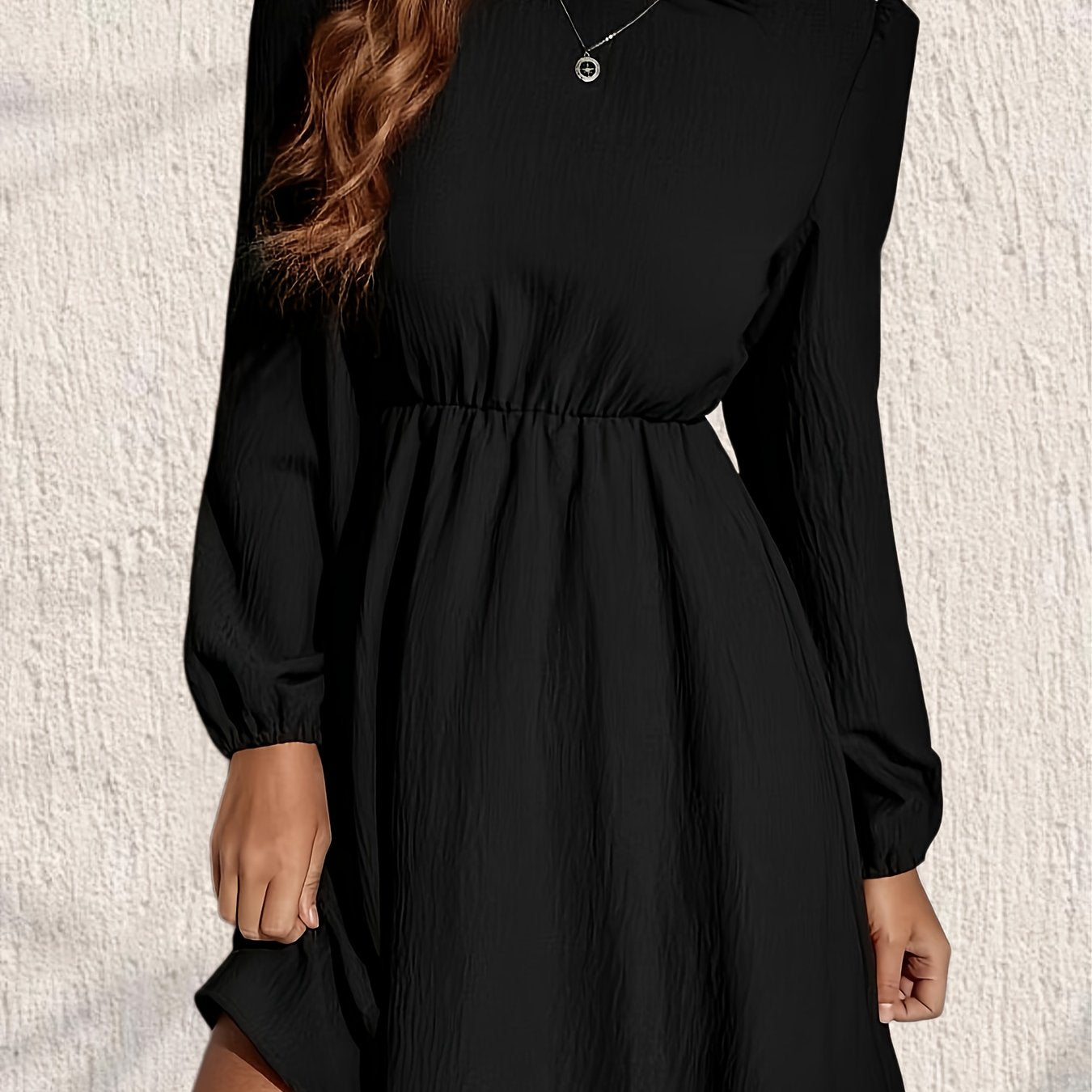 Sixsr Cinched Waist Solid Dress, Elegant Crew Neck Lantern Sleeve Dress, Women's Clothing