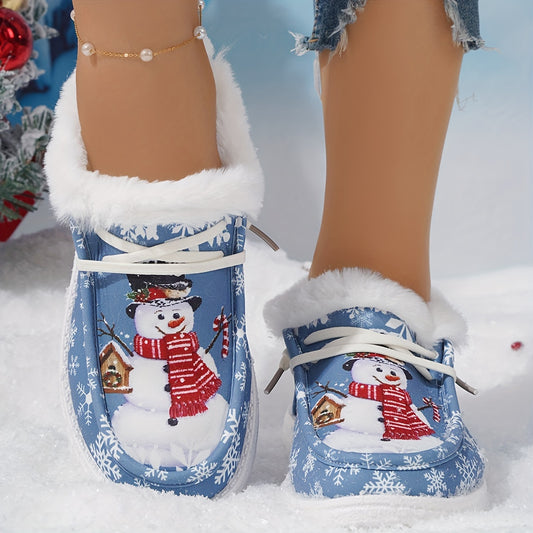 Thickened Warm Christmas Snowman Pattern Winter Outdoor Sneakers, Cute Comfortable Flat Snow Shoes