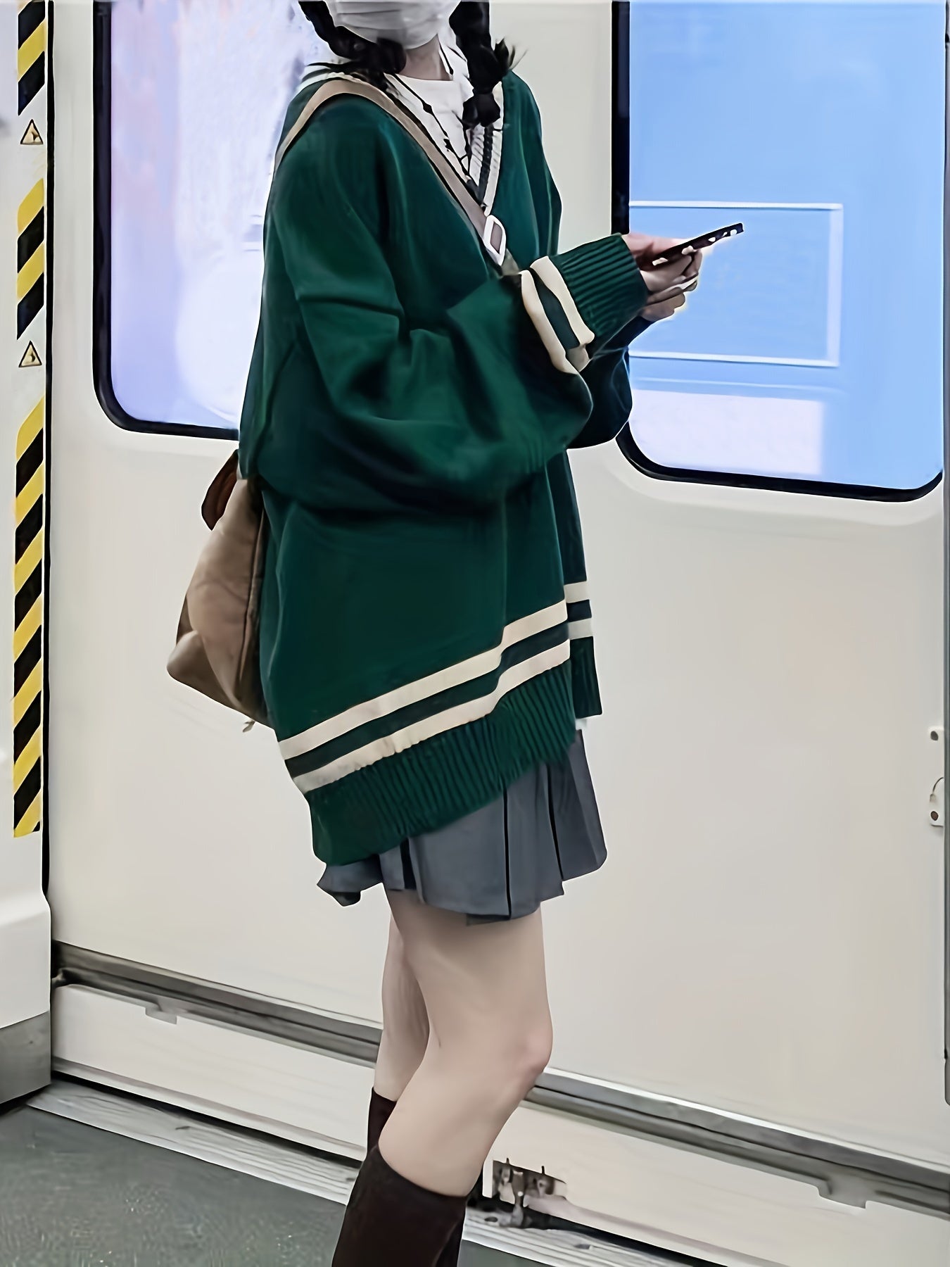 Sixsr Letter R Pattern V Neck Pullover Sweater, Preppy Long Sleeve Loose Sweater, Women's Clothing