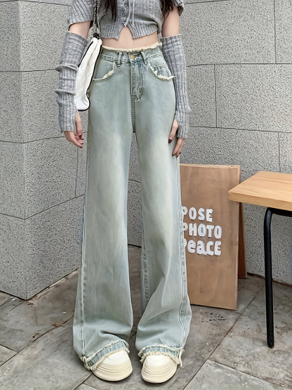Sixsr  High Waist Chic Baggy Jeans, Frayed Hem Loose Fit Slant Pockets Denim Pants, Women's Denim Jeans & Clothing