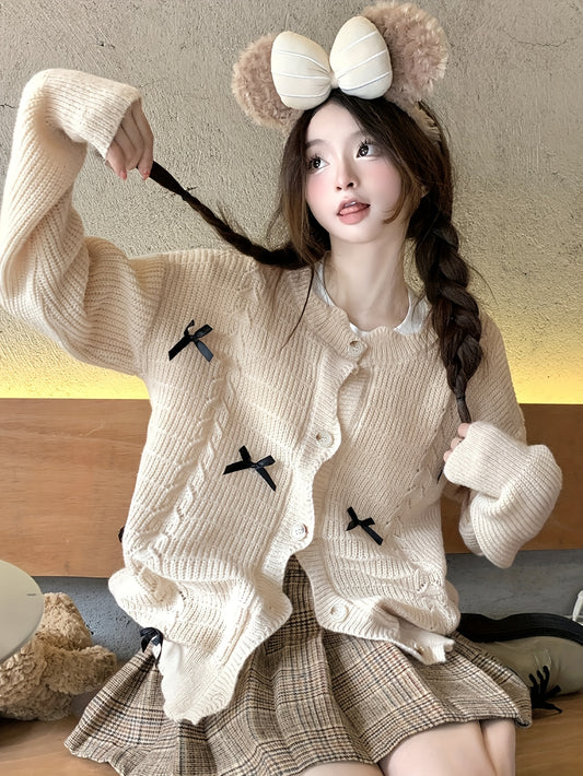Sixsr Bow Tie Button Front Knitted Cardigan Sweater, Casual Long Sleeve Sweater For Fall & Winter, Women's Clothing