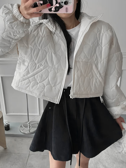 Sixsr Heart Pattern Zip Up Jacket, Casual Collared Long Sleeve Warm Outerwear For Fall & Winter, Women's Clothing