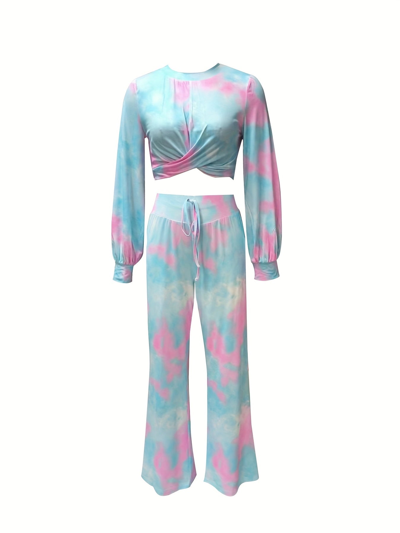 two-piece Tie Dye Casual Set - Long Sleeve Crop Top & Flare Leg Pants for Women's Comfortable & Stylish Outfits