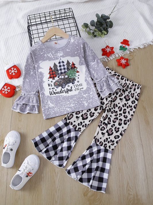 2pcs Girl's Christmas Style Outfit, Trumpet Sleeve Top & Leopard Plaid Pattern Flared Pants Set, Toddler Kid's Clothes For Spring Fall outdoors