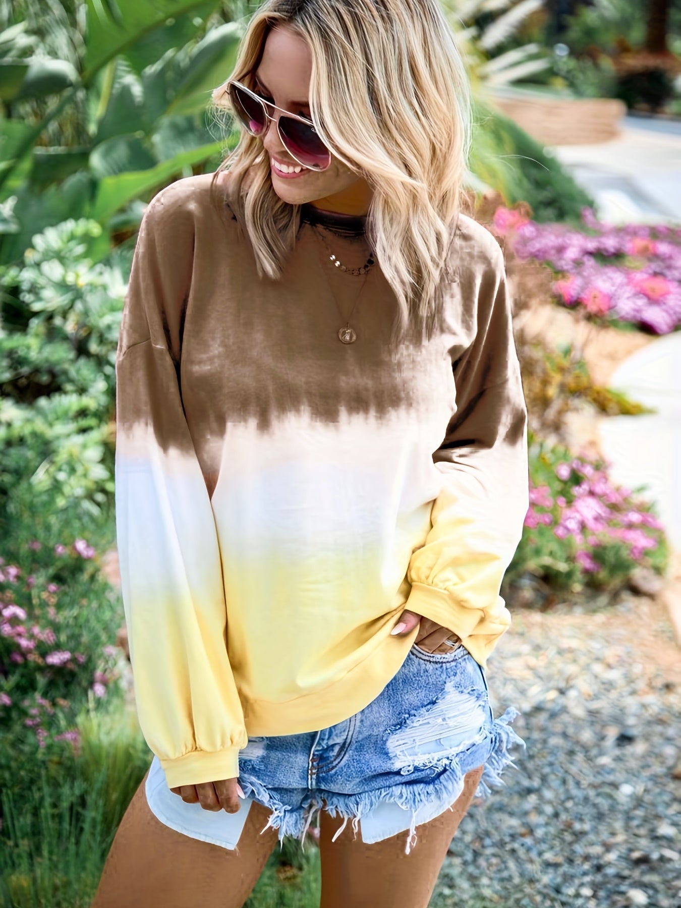 Gradient Tie Dye T-Shirt, Long Sleeve Crew Neck Casual Top For Spring & Fall, Women's Clothing