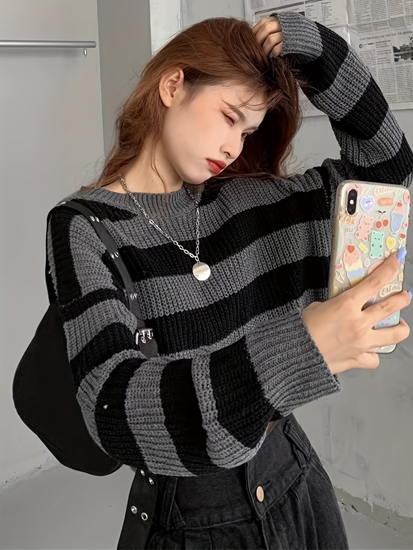 Sixsr Striped Crew Neck Pullover Sweater, Casual Long Sleeve Loose Crop Sweater, Women's Clothing