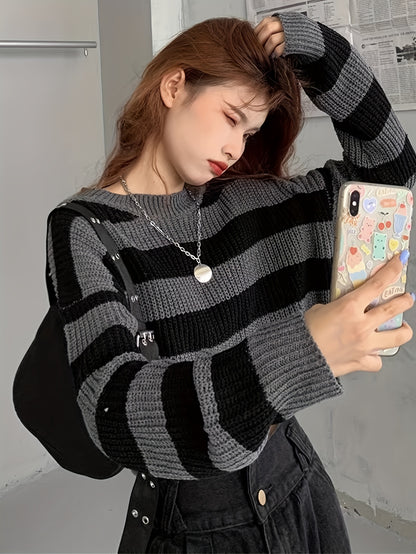 Sixsr Striped Crew Neck Pullover Sweater, Casual Long Sleeve Loose Crop Sweater, Women's Clothing